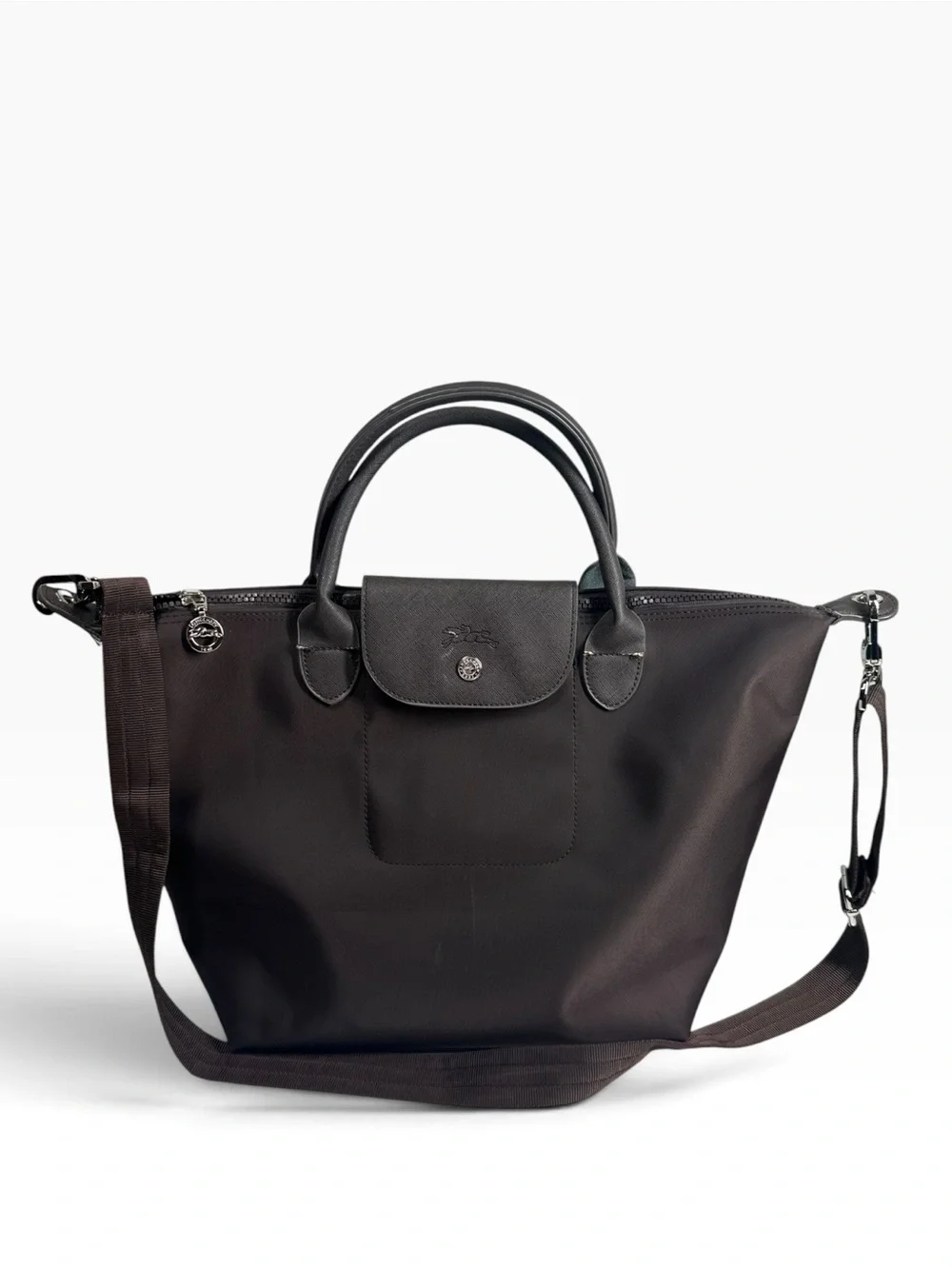 LONGCHAMP Le Pliage Original Dark Brown Tote Silver Hardware